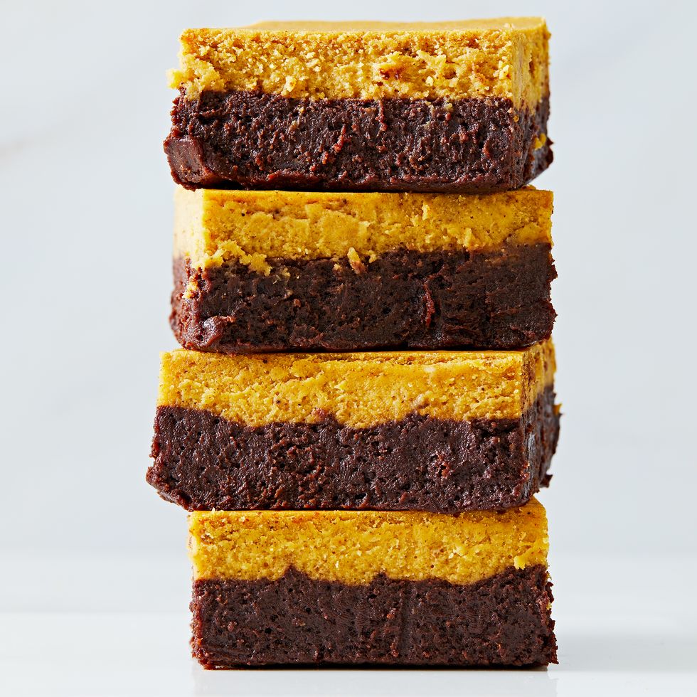 Stack of Pumpkin Cheesecake Brownies