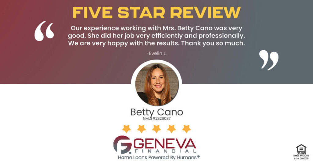 5 Star Review for Betty Cano, Geneva Financial Home Loans, Illinois - Licensed Mortgage Loan Officer – Home Loans Powered by Humans®.