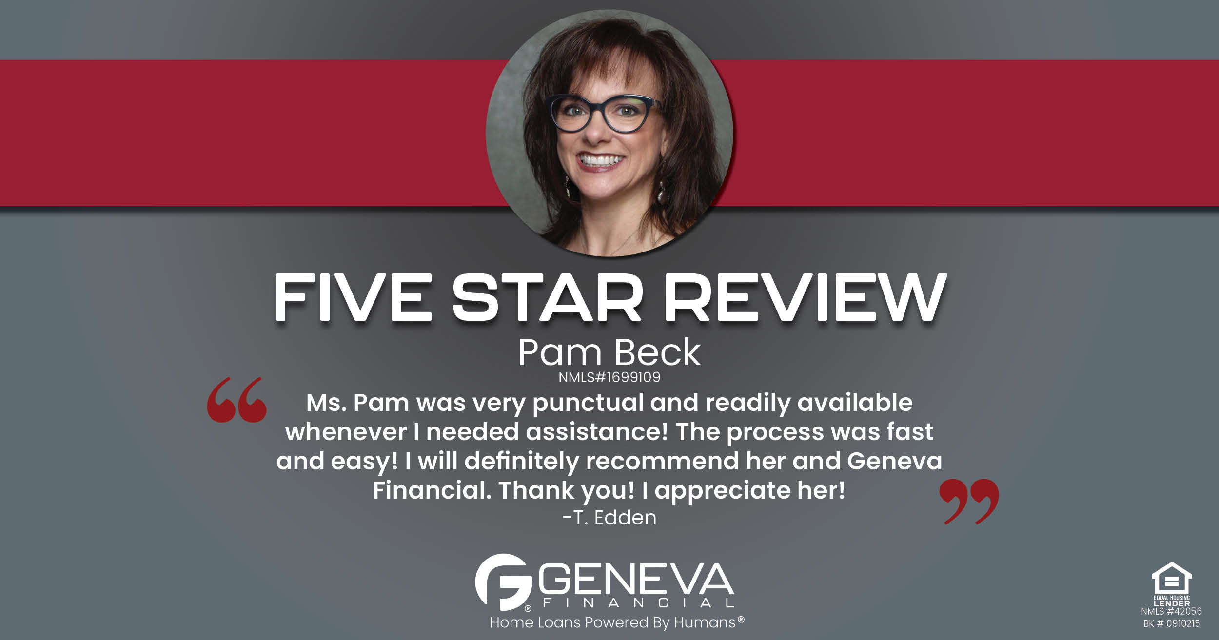 5 Star Review for Pam Beck, Licensed Mortgage Loan Officer with Geneva Financial, Glendale, AZ – Home Loans Powered by Humans®.